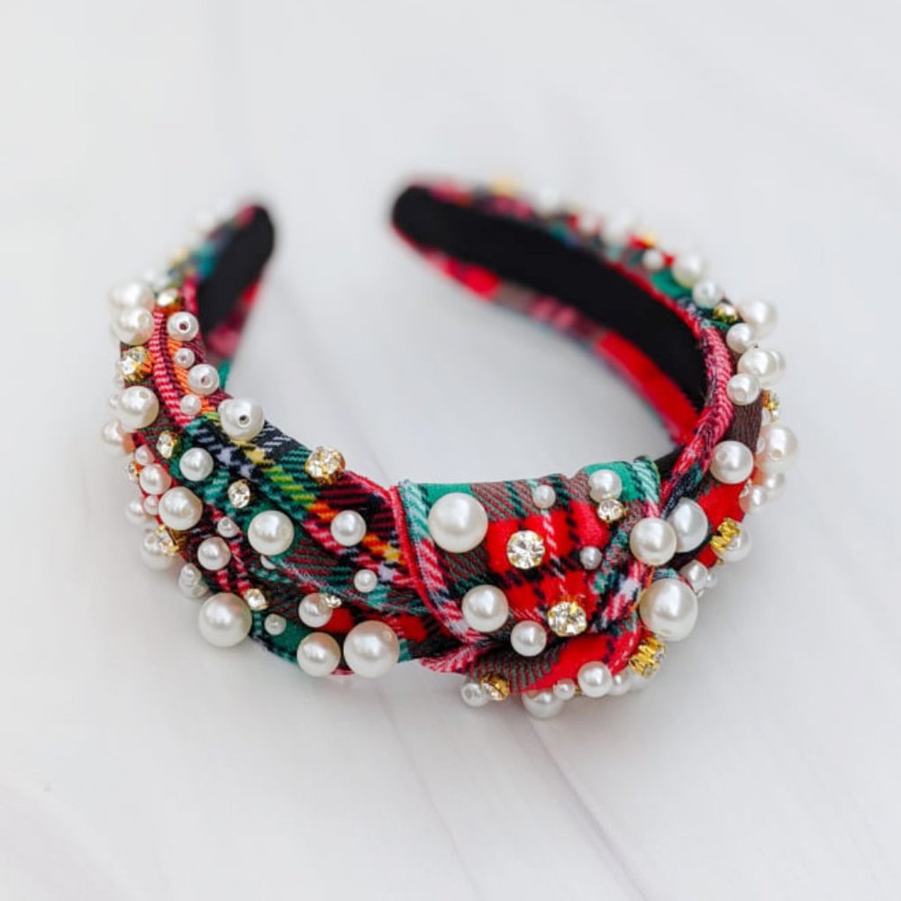 Holiday Plaid Knot Velvet Beaded Headband Pearl Crystal Handmade Festive Party